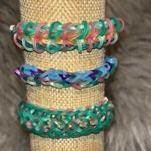 Set Of 3 Rainbow Loom Rubber Band Bracelets Handmade Green Blue Jewelry Fun